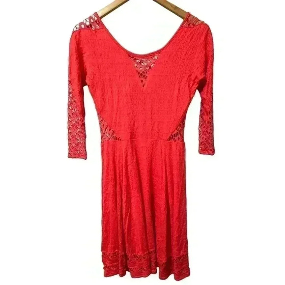 Free People Red Orange To the Point Long Sleeve Lace-Like Dress Size XS - Picture 1 of 8